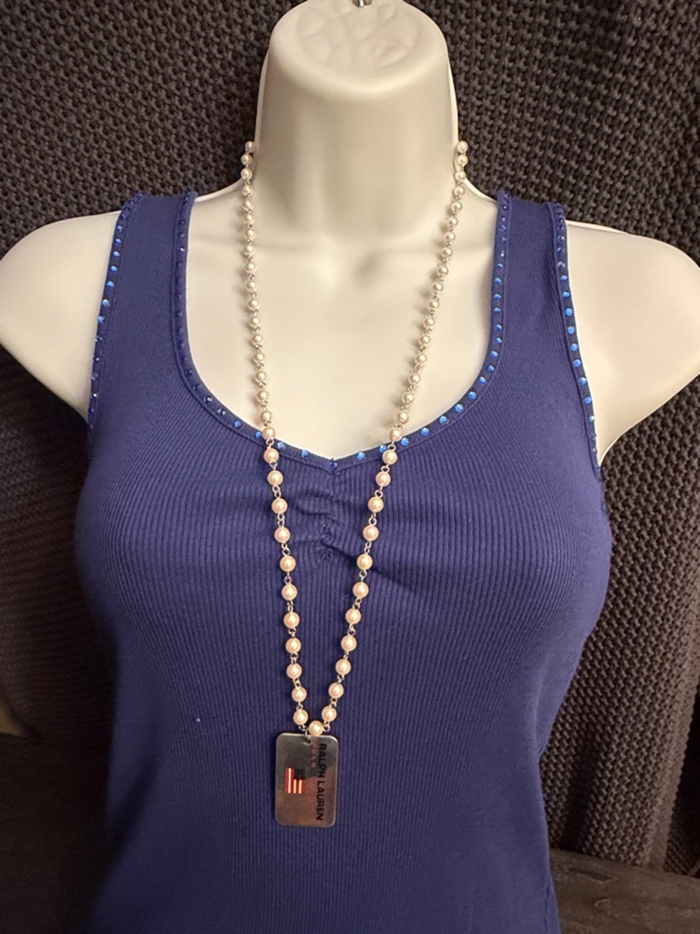 Ralph Lauren Pearl-Bead Long Necklace Dog tag Silver Rectangular Pendant